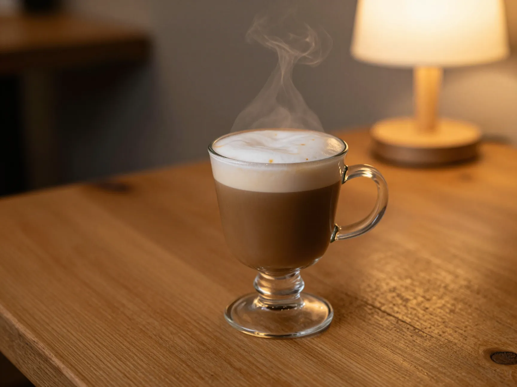 A brown sugar oatmilk cortado on a wooden table in cozy cafe lighting