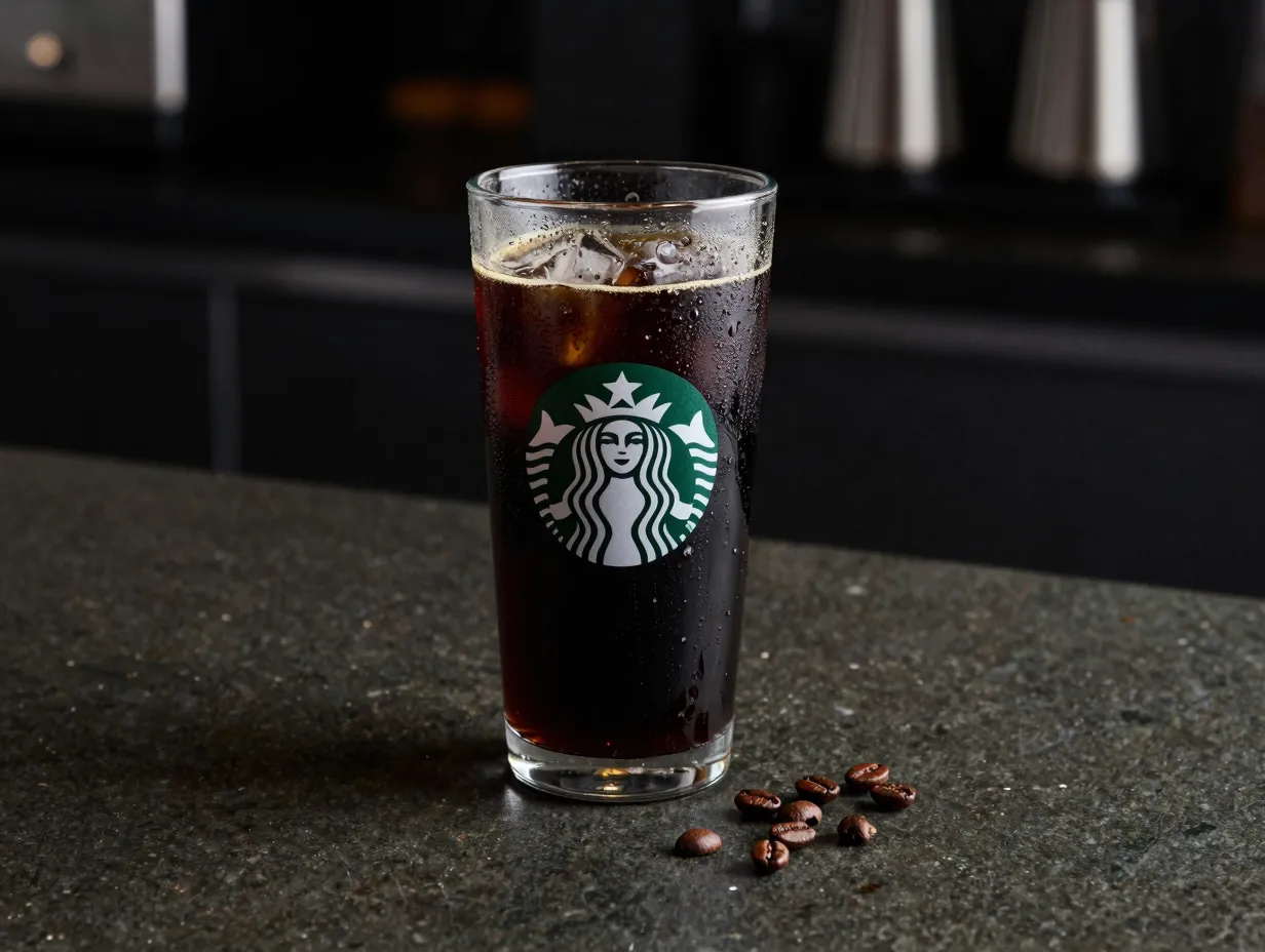 Starbucks cold brew coffee black drink glass condensation beans