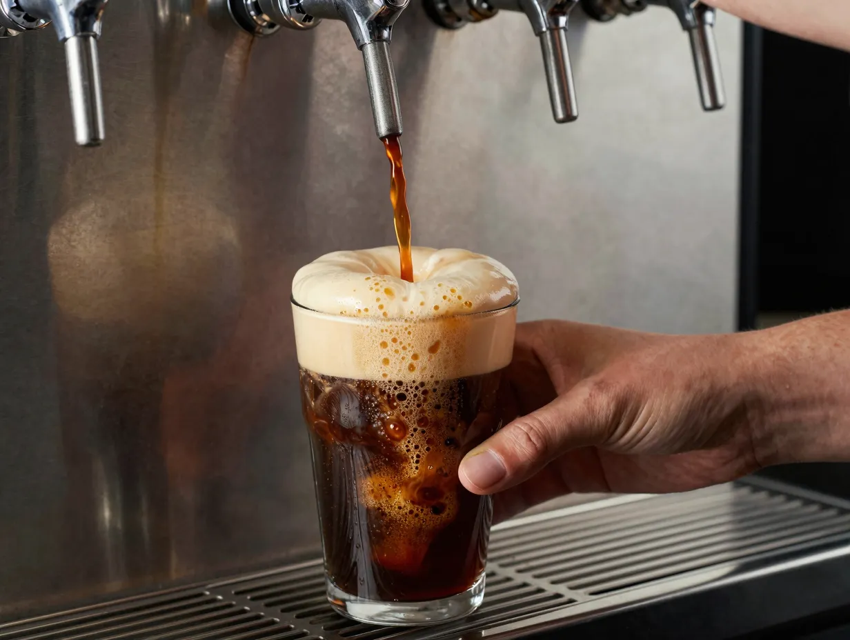Nitro cold brew cascading foam black coffee tap served