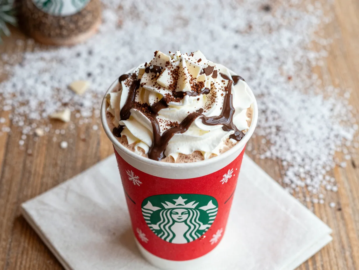 A decadent white chocolate mocha with whipped cream in a festive red cup