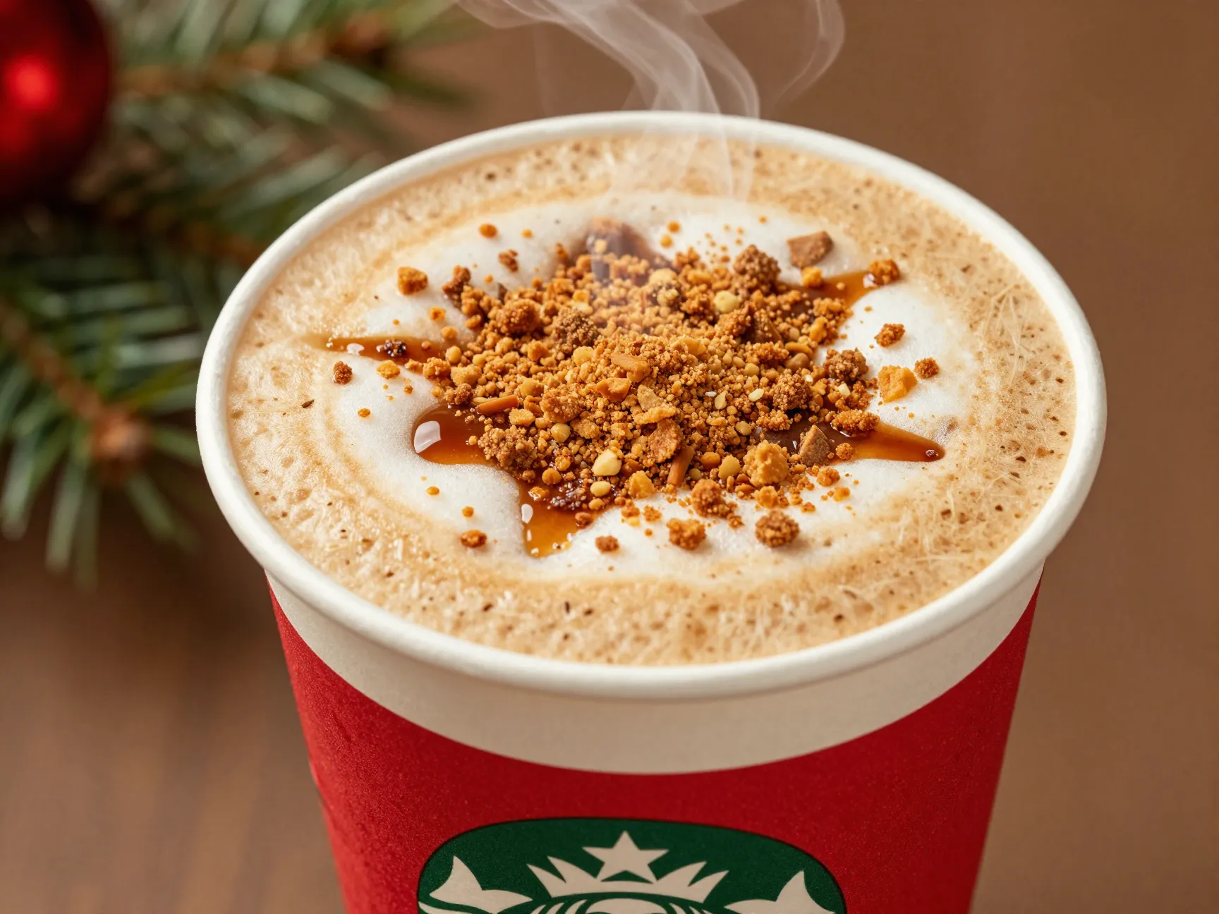 A chestnut praline latte with spiced crumbs in a seasonal starbucks cup