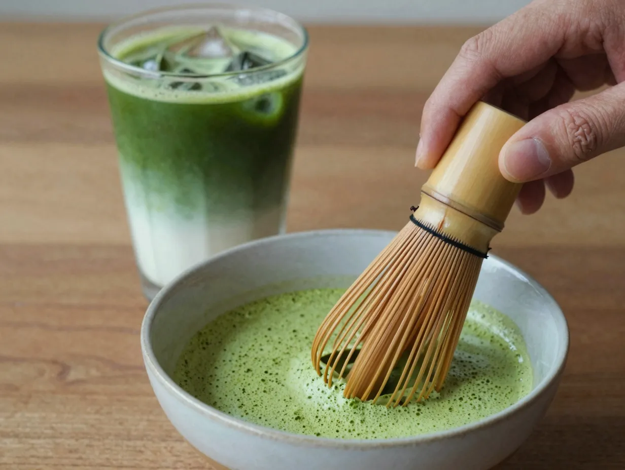 Iced matcha latte green tea powder drink milk calm focus