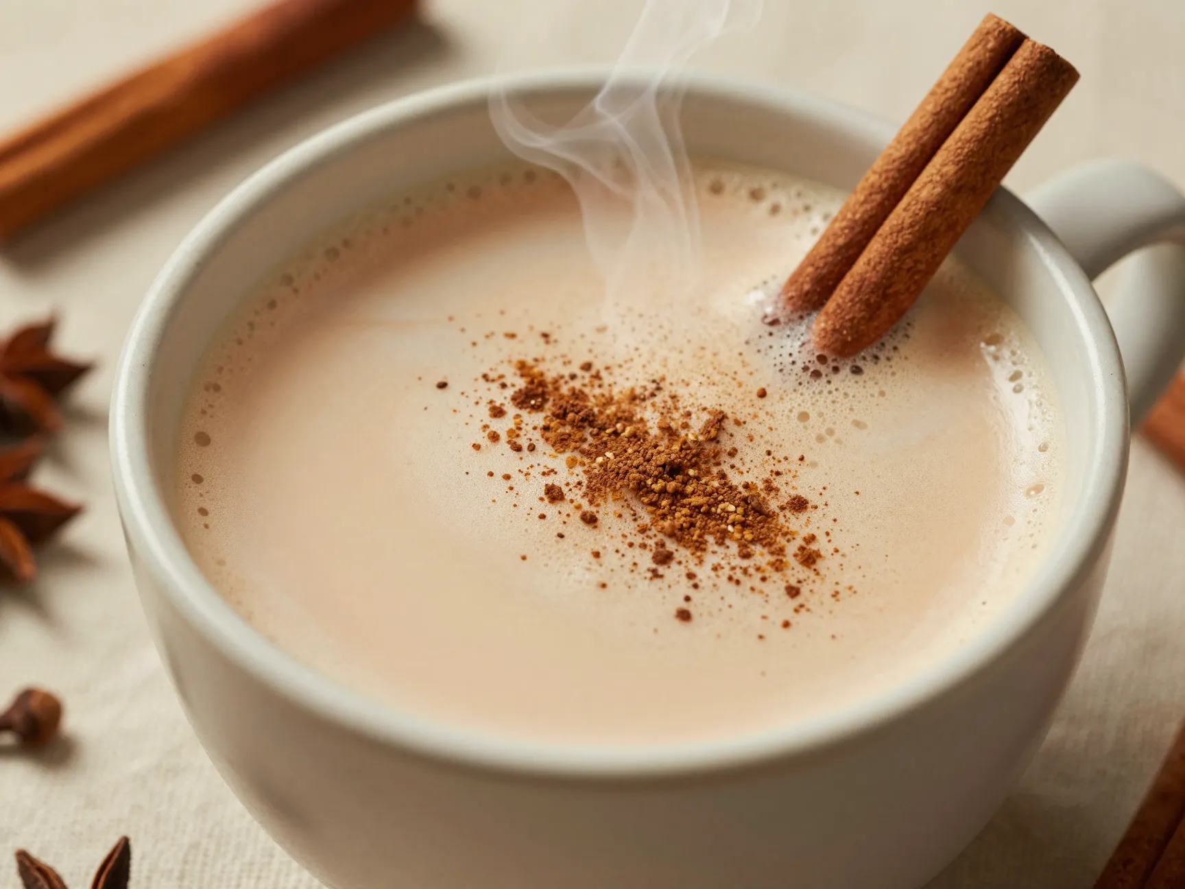 An aromatic chai tea latte with steamed milk and cinnamon in a ceramic cup