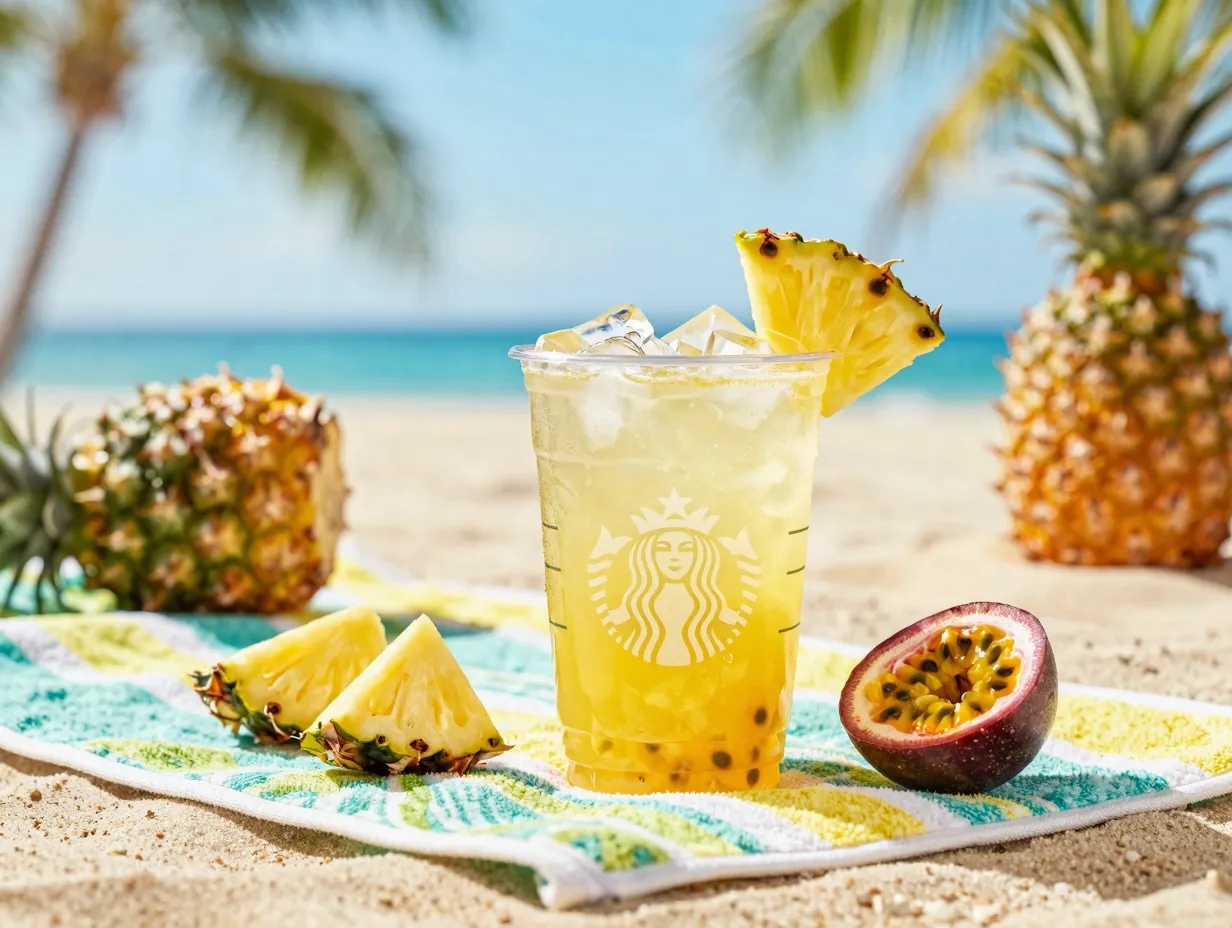 Pineapple passionfruit refresher tropical citrus ice clear cup