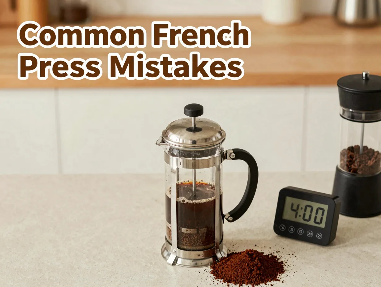 Polished french press coarse grind burr grinder digital timer blooming bubbles warm light
