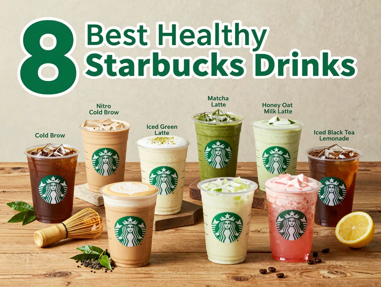 Starbucks eight healthy drinks flat lay cups natural elements vibrant