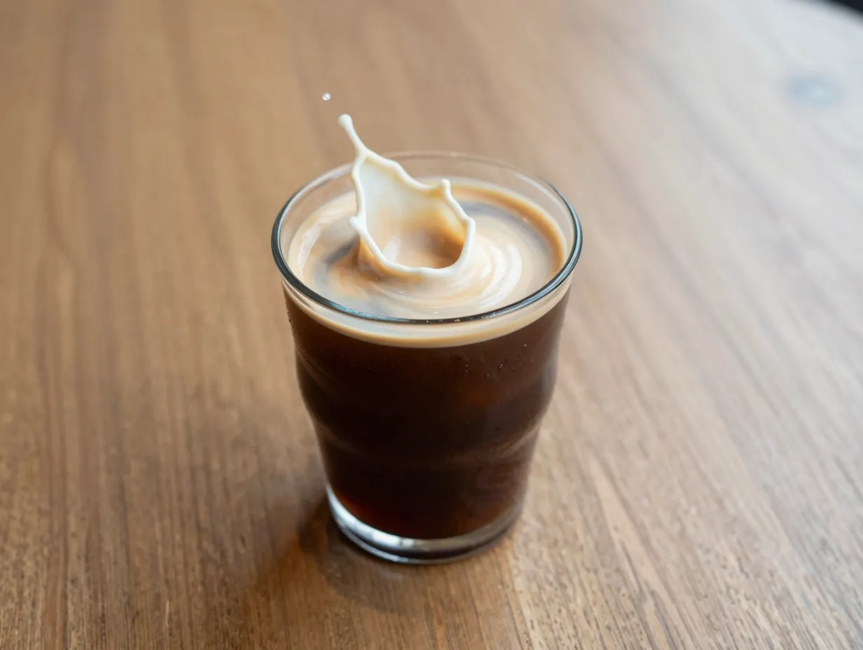 A glass of unsweetened starbucks cold brew coffee with oat milk splash
