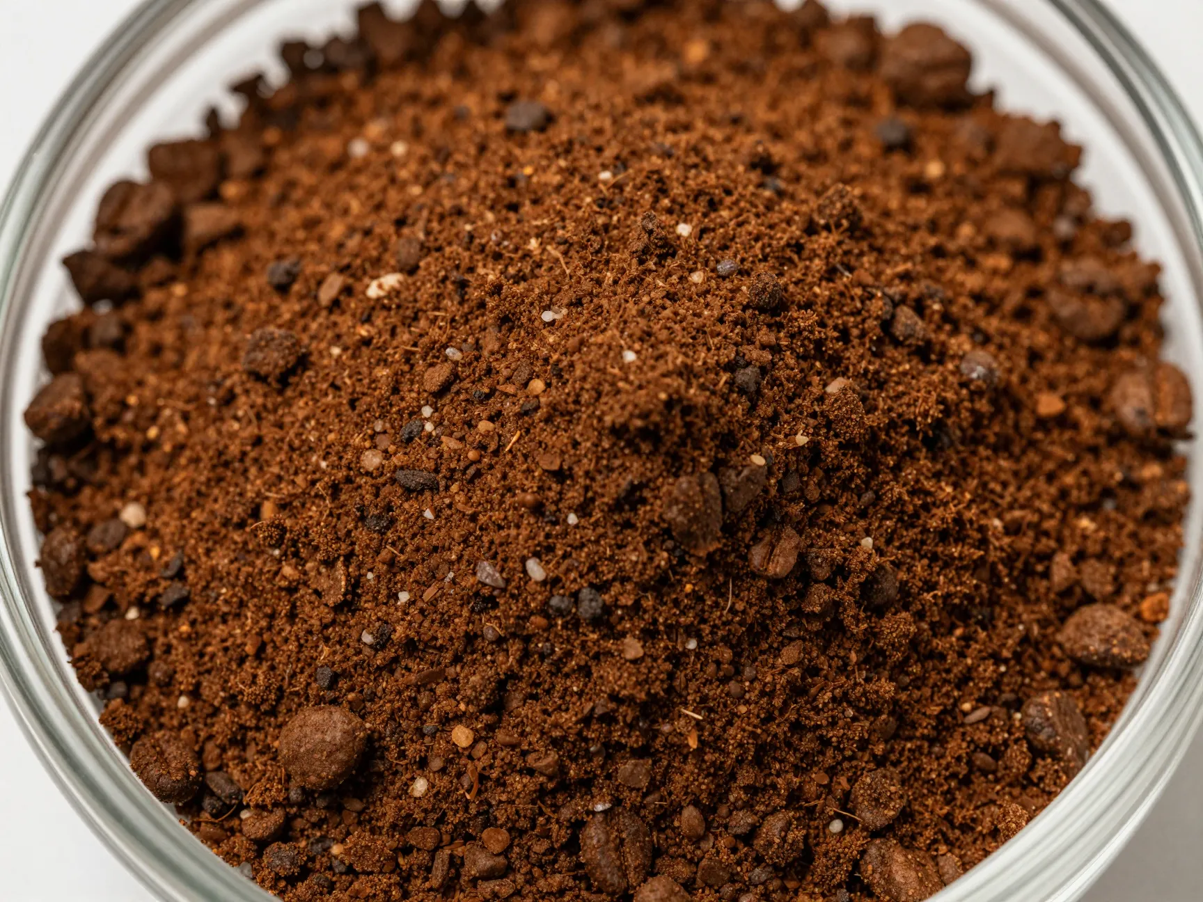 Coarse sea salt like coffee grounds in a clear glass container top view