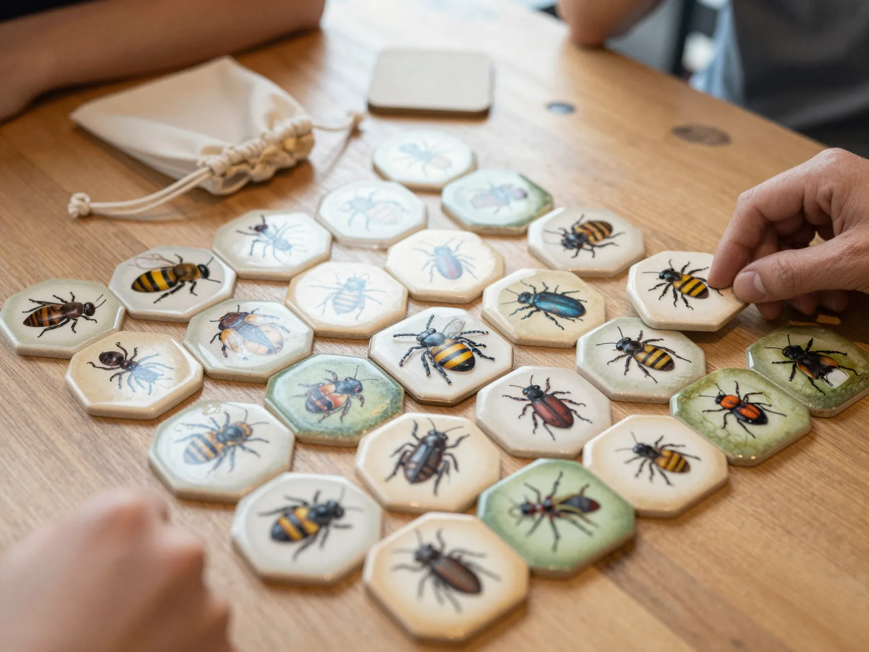 Hive strategy game on a cafe table with chunky insect tiles