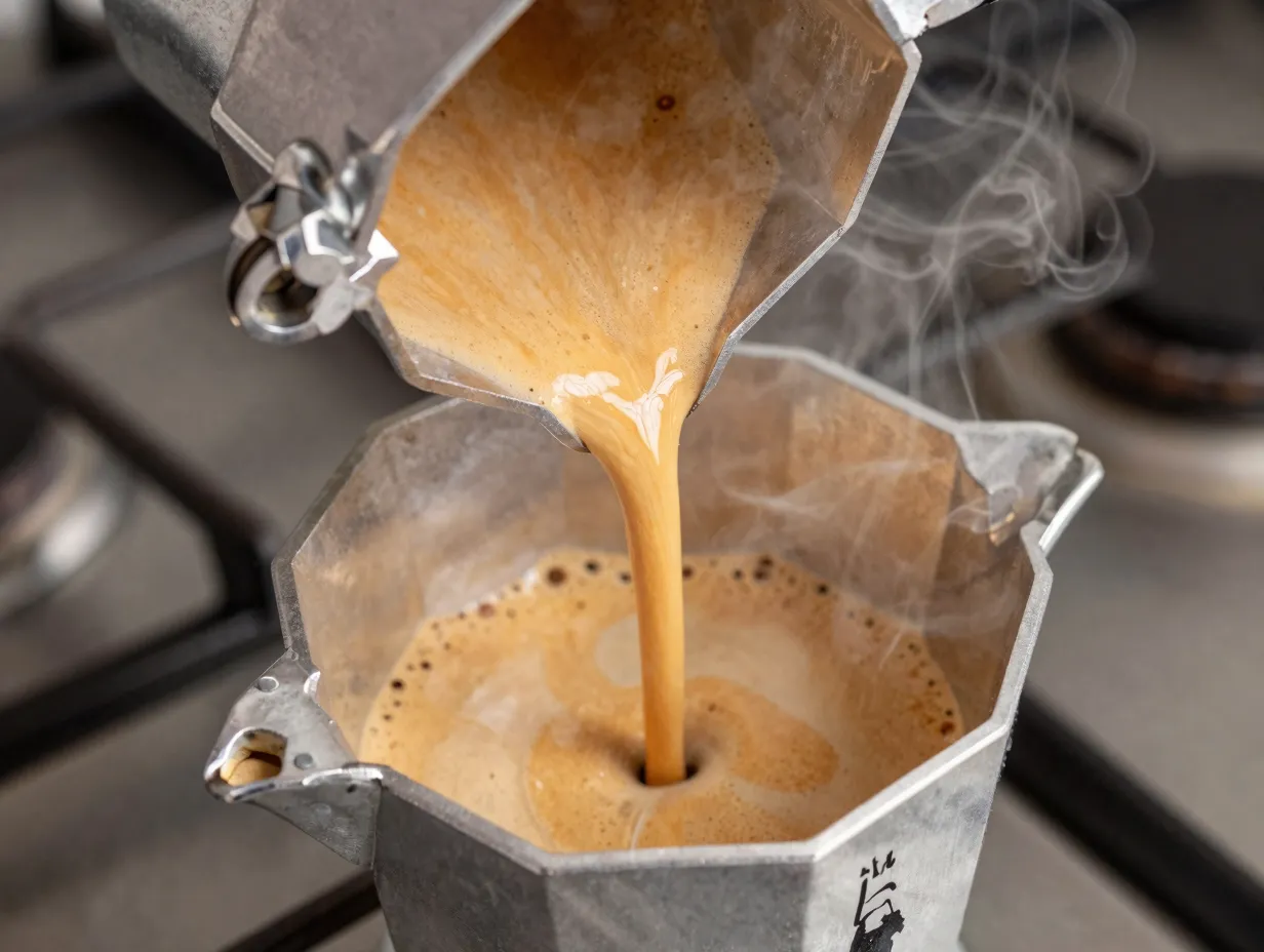 Bialetti brikka moka pot with pressure valve producing creamy coffee crema