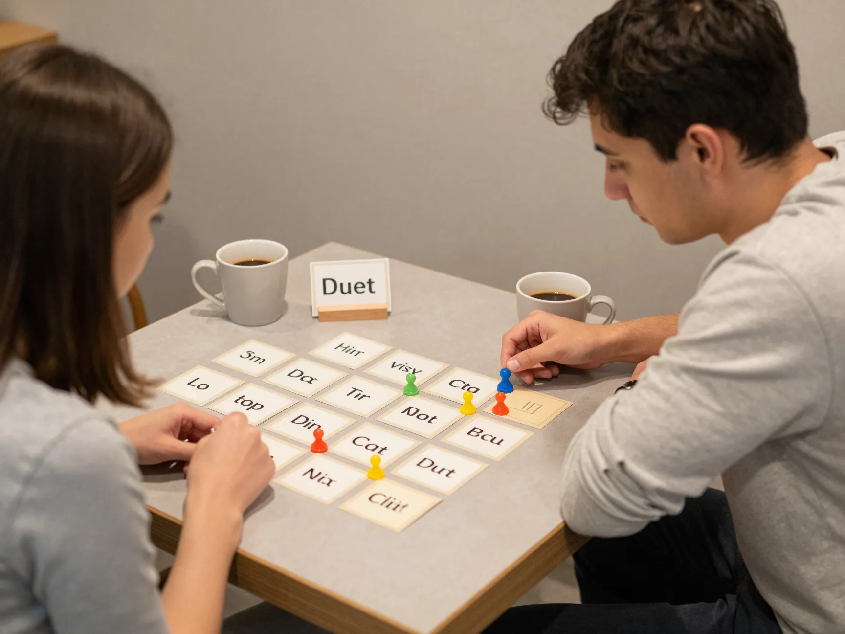Couple playing codenames duet word game on a small table