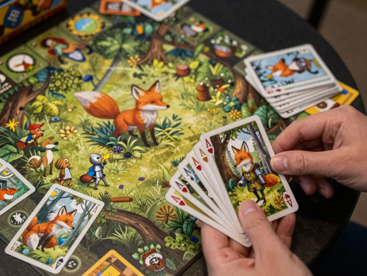 Cooperative fox in the forest duet card game with storybook art