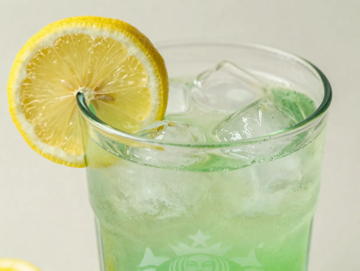 Unsweetened iced green tea with a lemon wedge on the rim