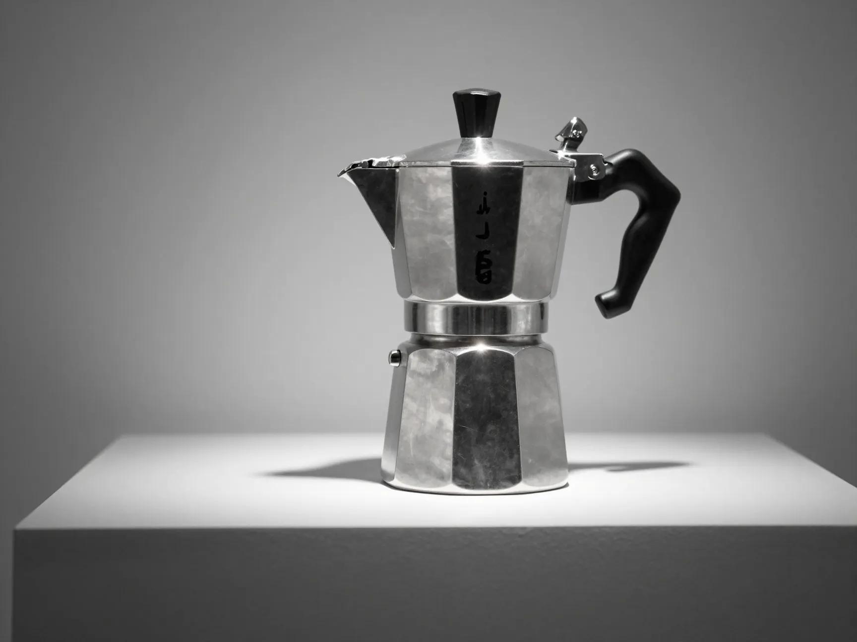 Alessi 9090 stainless steel moka pot displayed as a modern art object