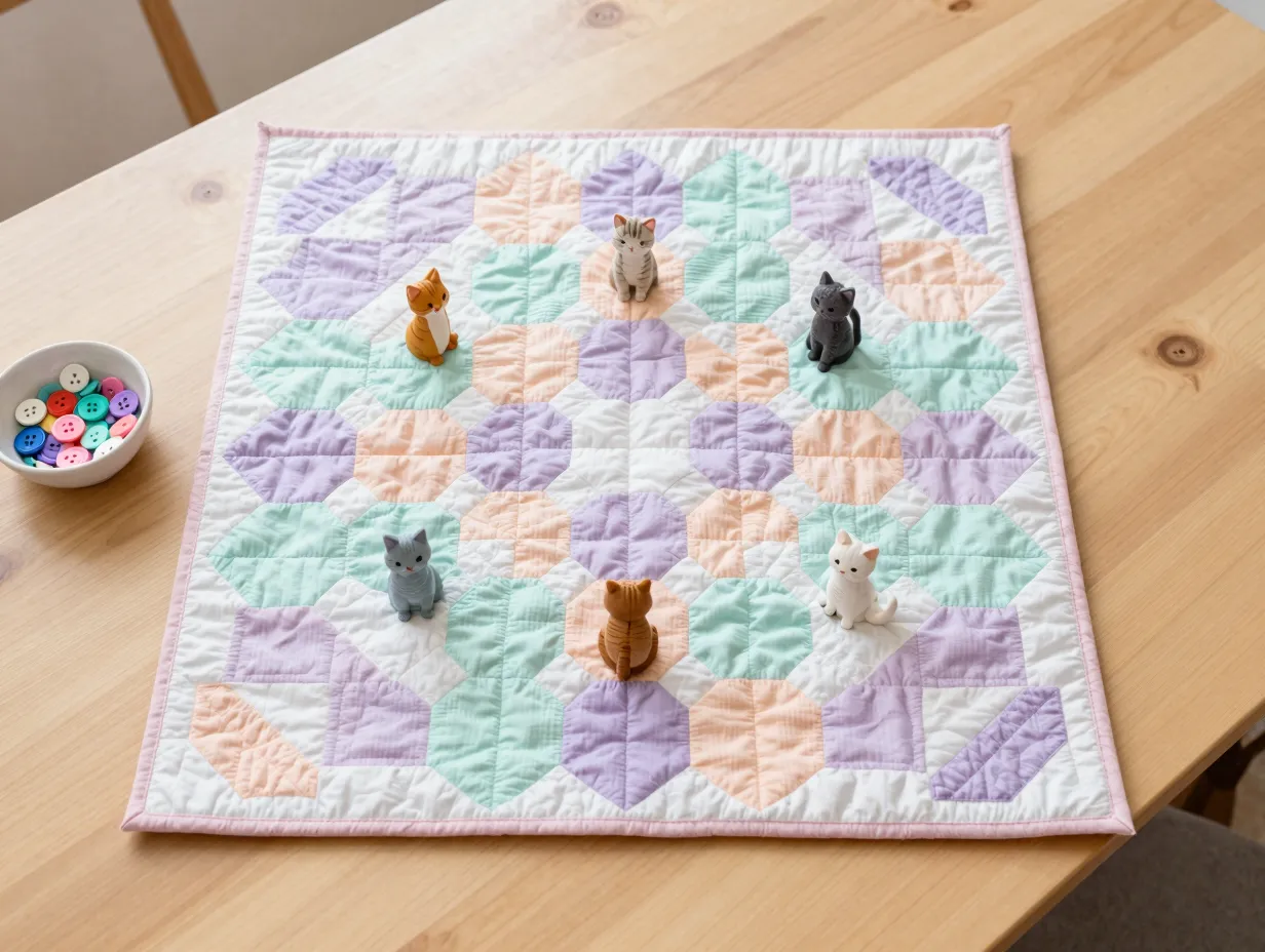 Calico quilt making board game with pastel tiles and cat tokens