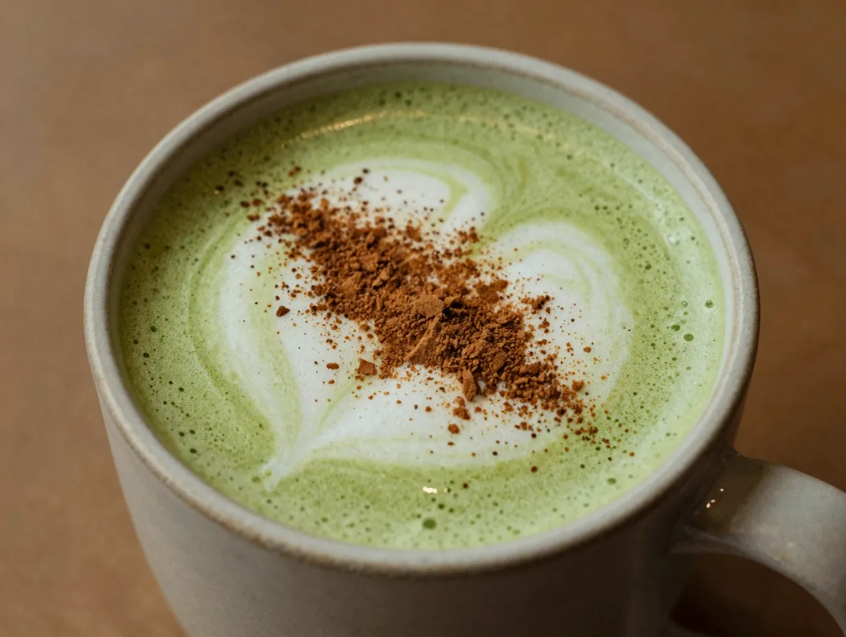 Matcha green tea latte with oat milk and a cinnamon sprinkle