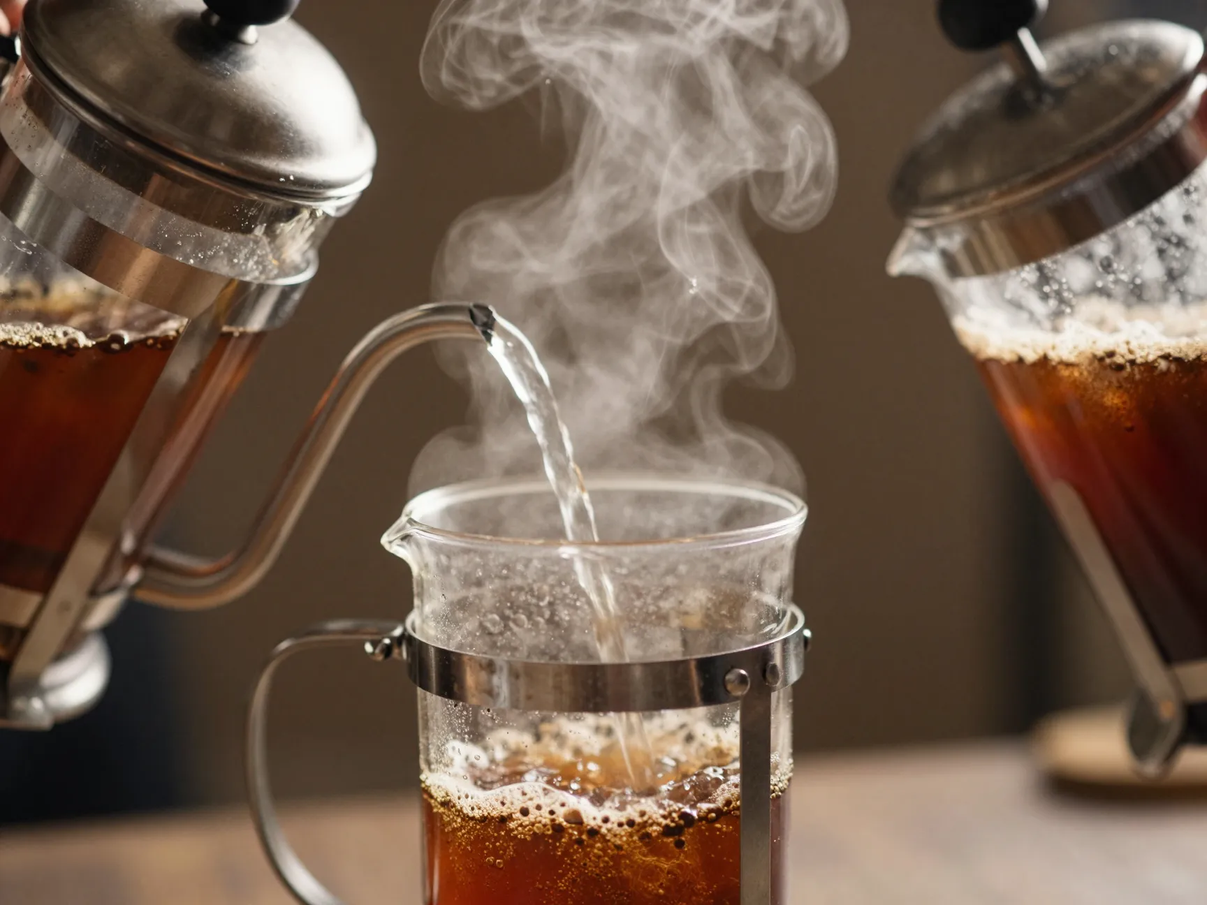 Pouring hot water into a french press from a kettle with wispy steam