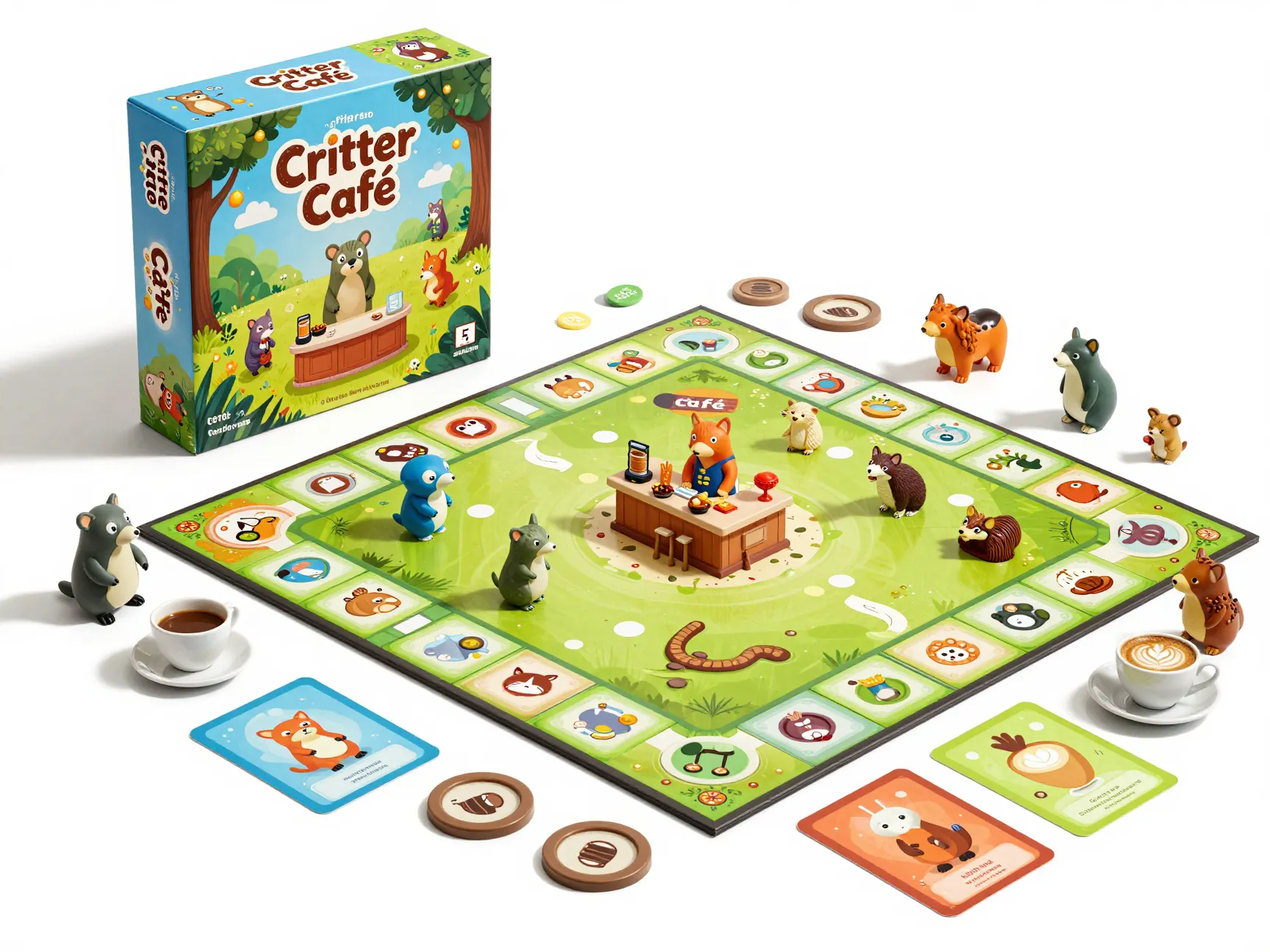 Critter cafe board game with magical portals and animal customers