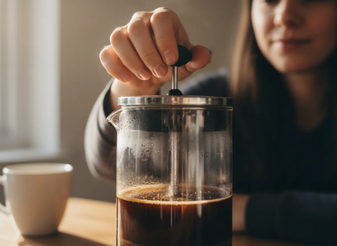 A hand slowly and gently pressing down a french press plunger