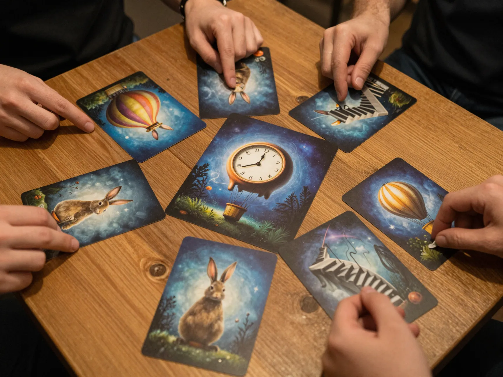 Dixit cards with surreal art spread across a cafe table