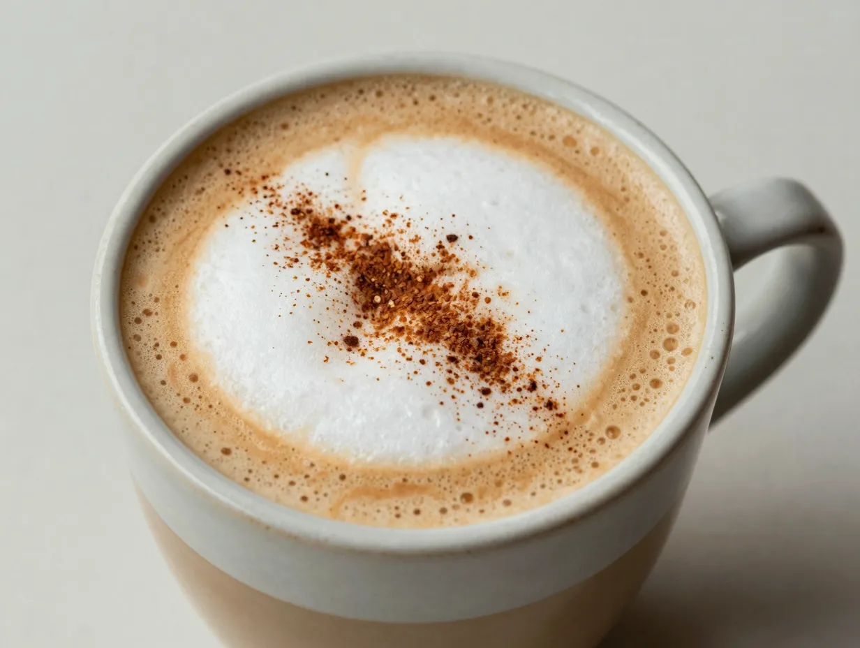 Dry cappuccino with oat milk and cinnamon dash in ceramic cup