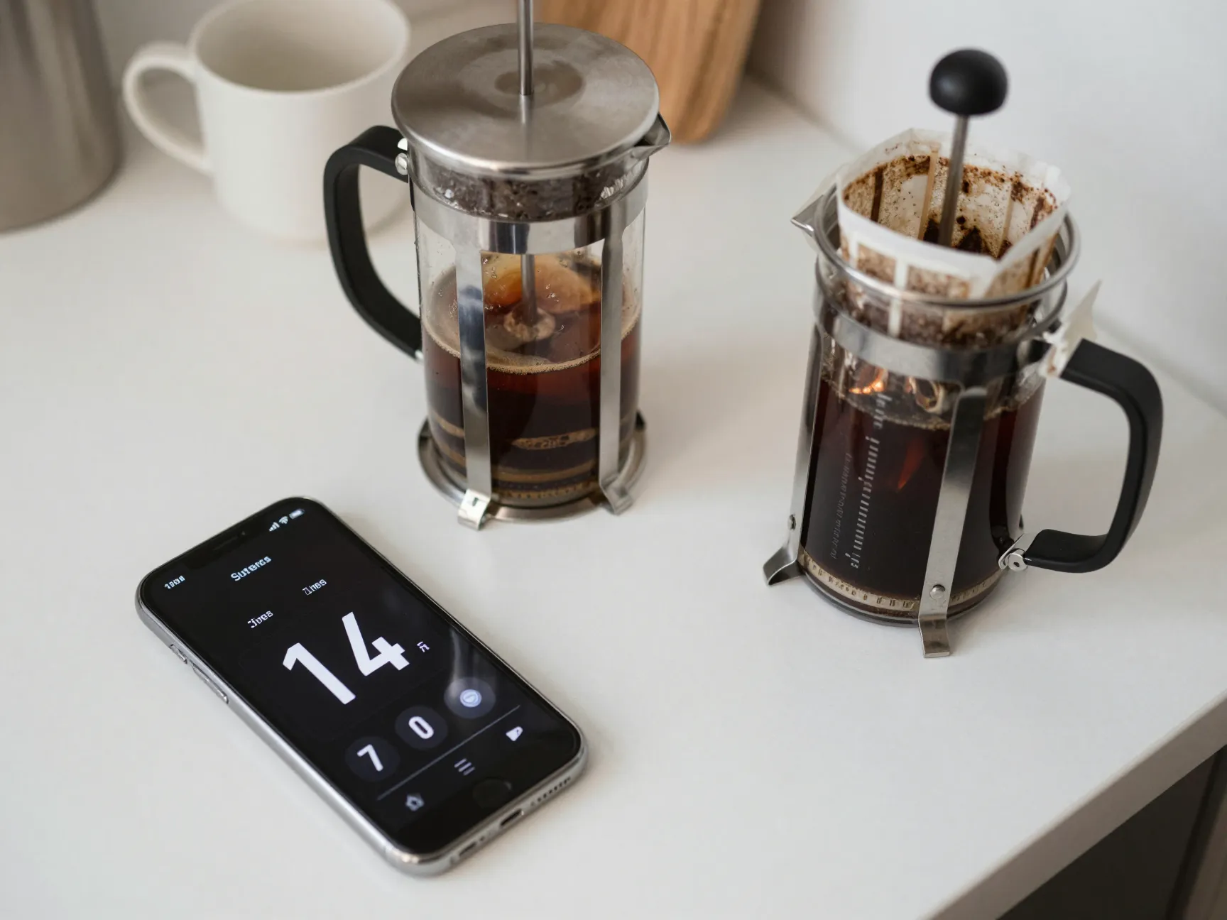 Digital timer counting down next to a french press during brewing