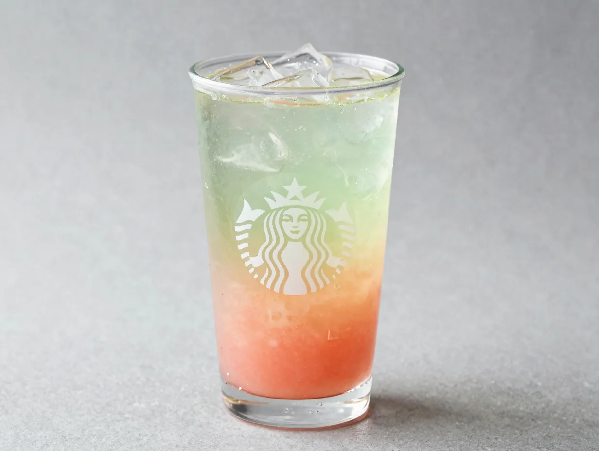 Peach green tea lemonade with light syrup in layered glass