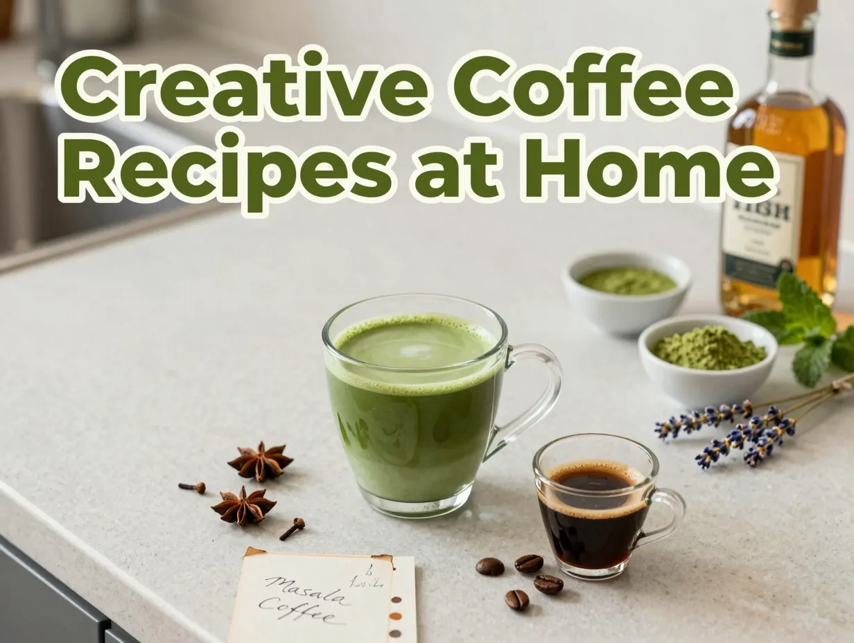 Layered matcha mug spices espresso recipe card home kitchen still life