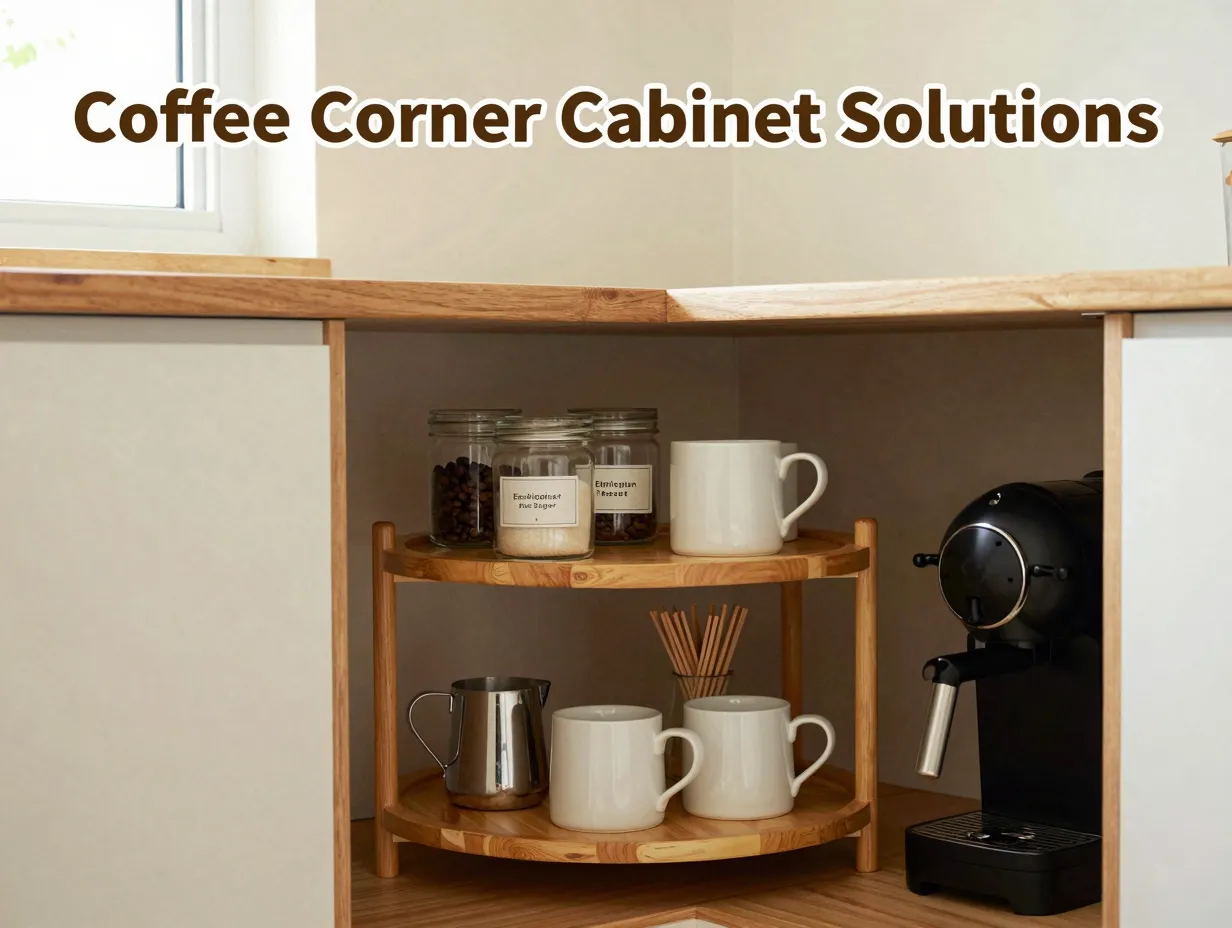 Organized coffee cabinet corner lazy susan mugs machine jars