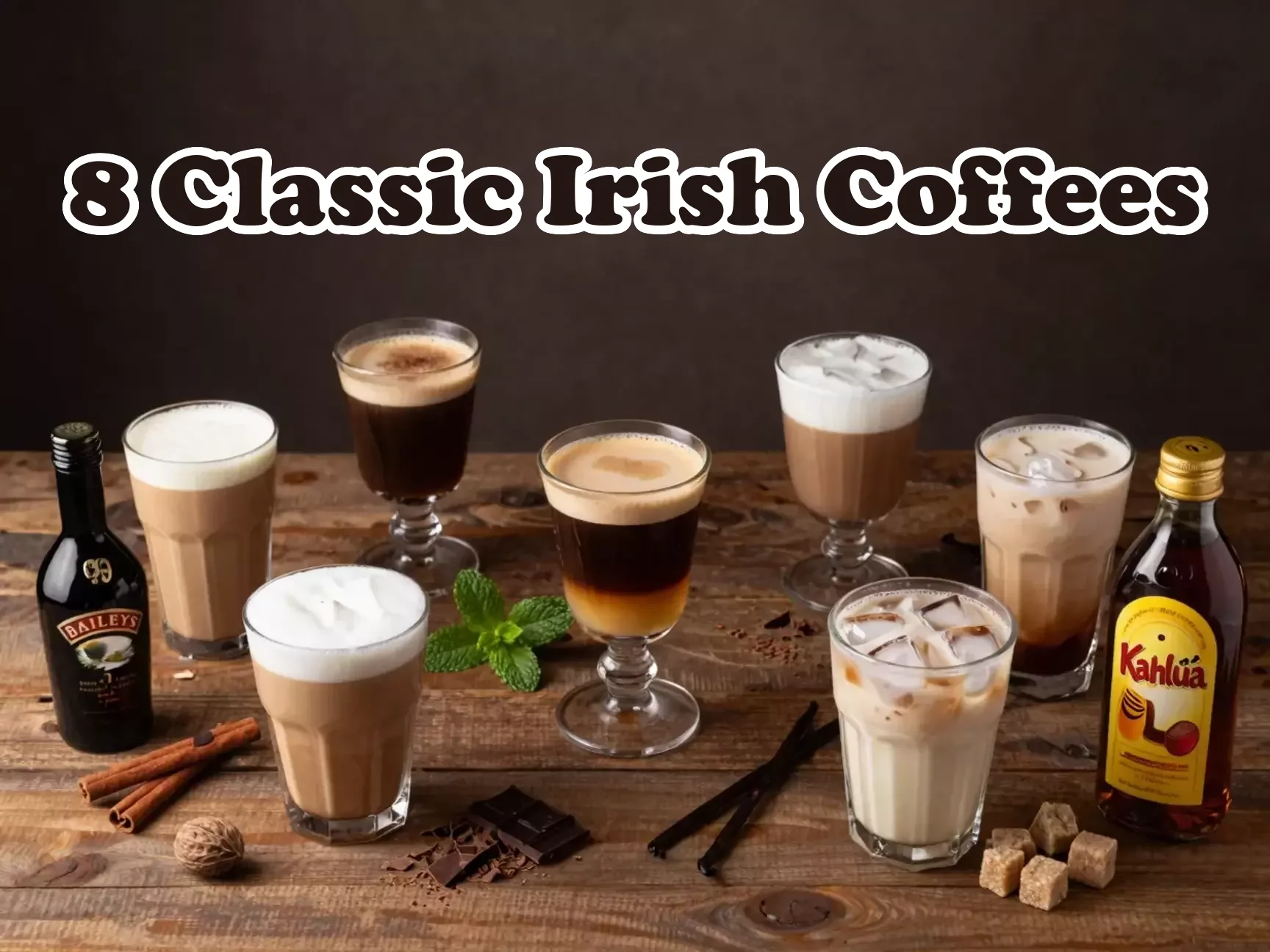 Traditional irish coffee with seven variations on wooden table flat lay main