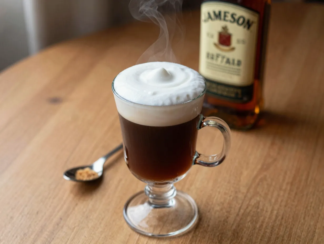 Traditional irish coffee in warm glass with floating cream