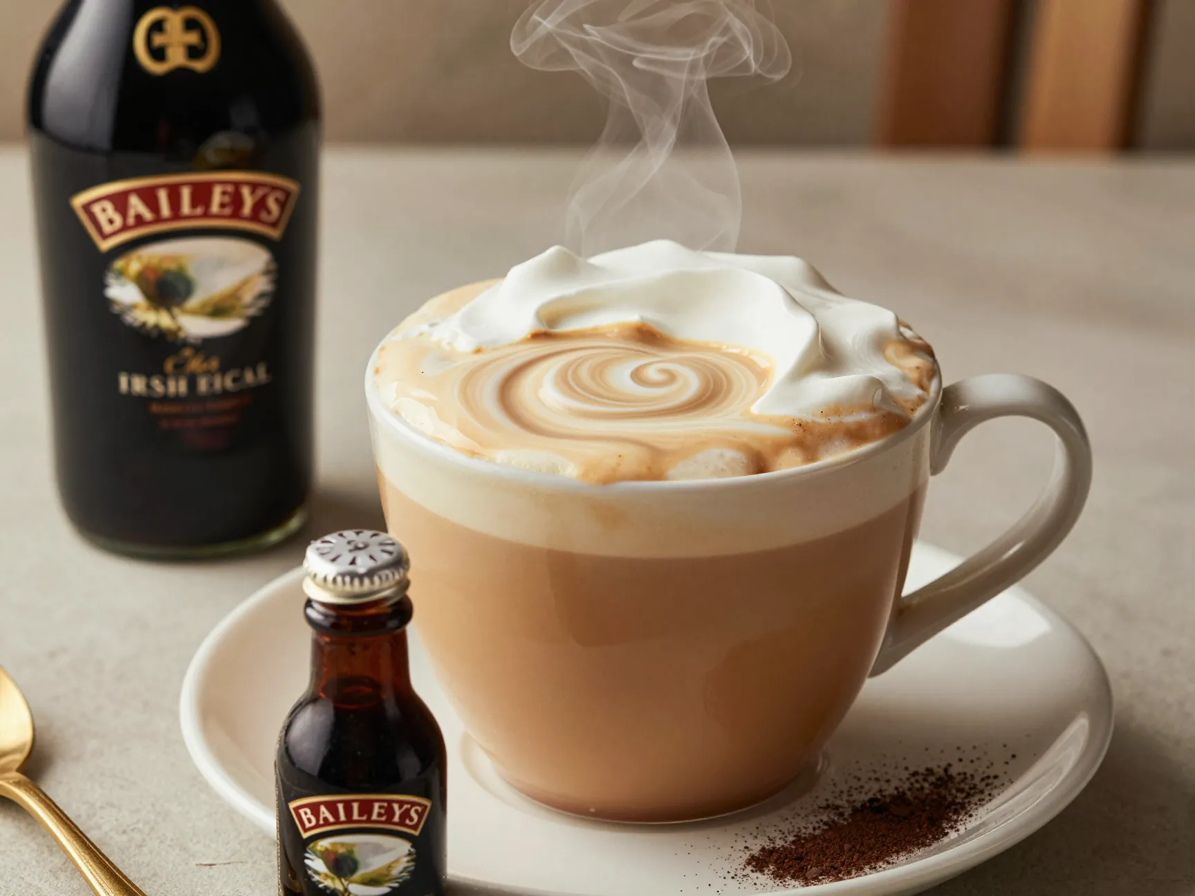 Baileys irish cream coffee in a ceramic mug with whipped cream