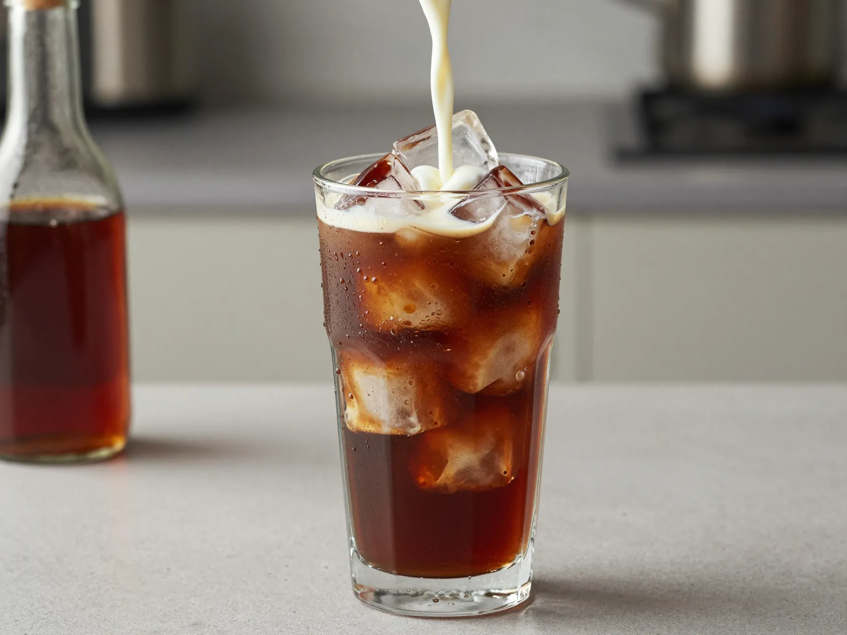 Glass of iced coffee with dark roast coffee ice cubes