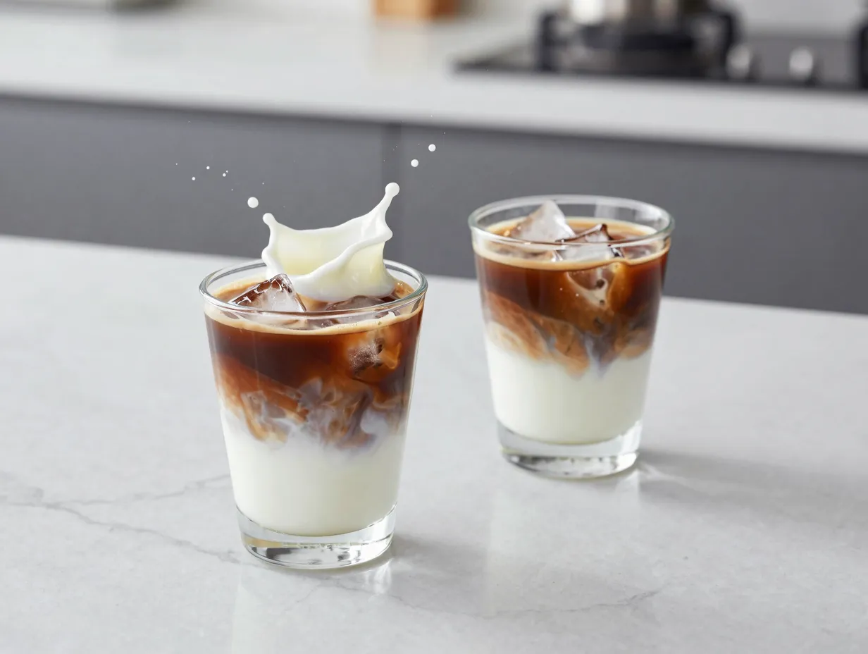 Two shots of espresso with splash of milk over ice