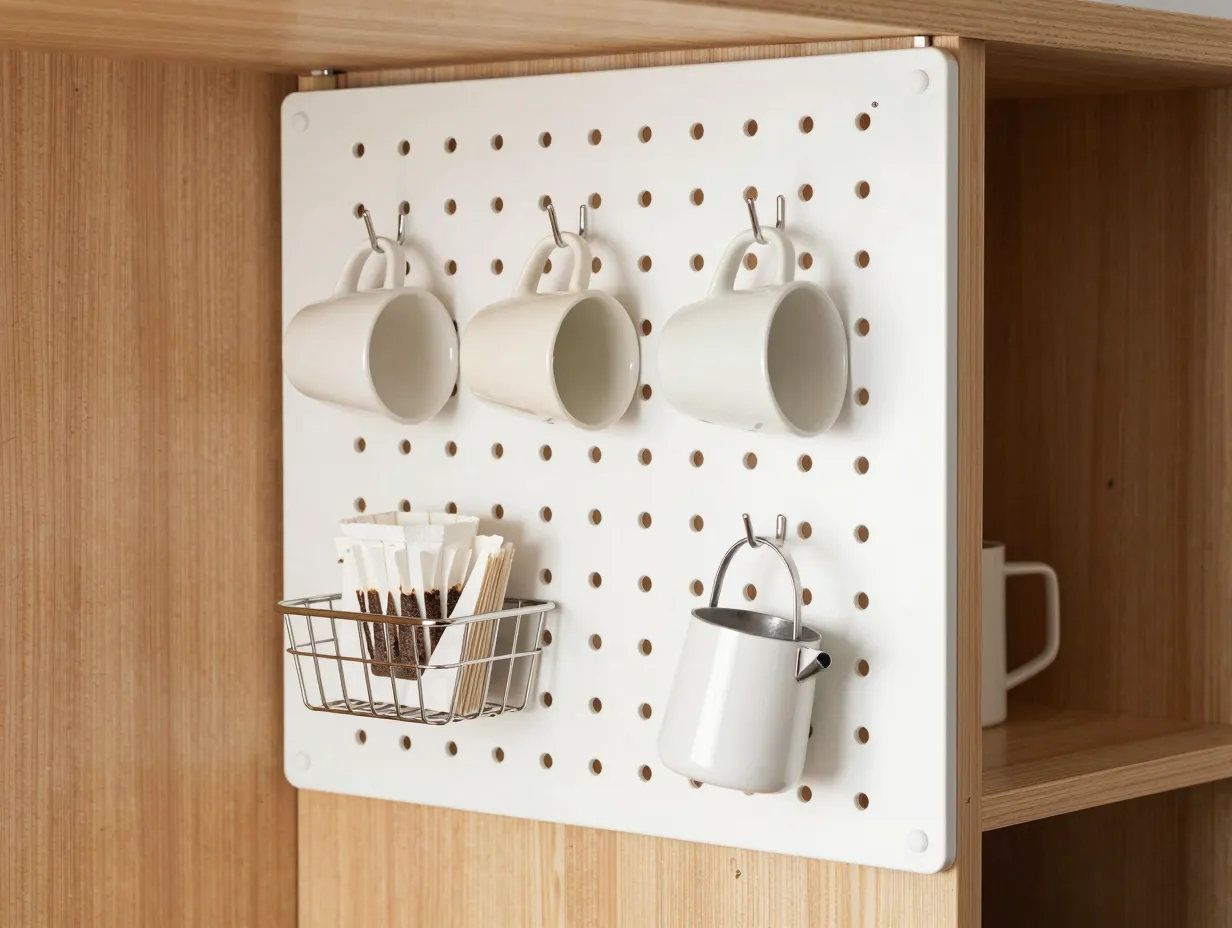 Pegboard mounted on cabinet door with hanging mugs