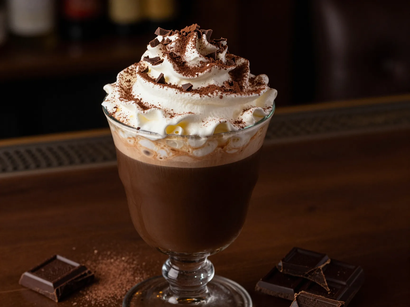 Spiked mocha irish coffee with cocoa and chocolate garnish