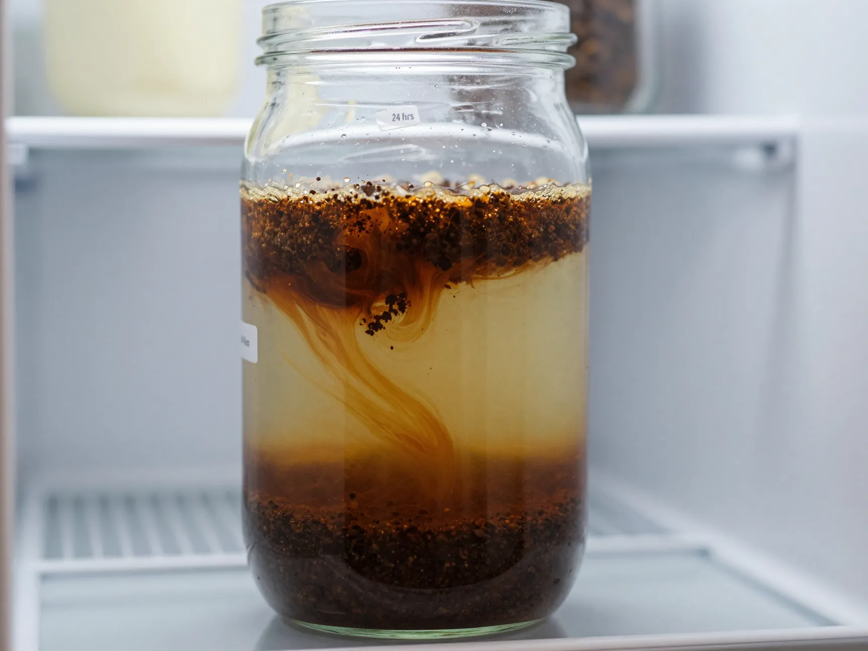 Cold brew coffee concentrate steeping in a glass jar