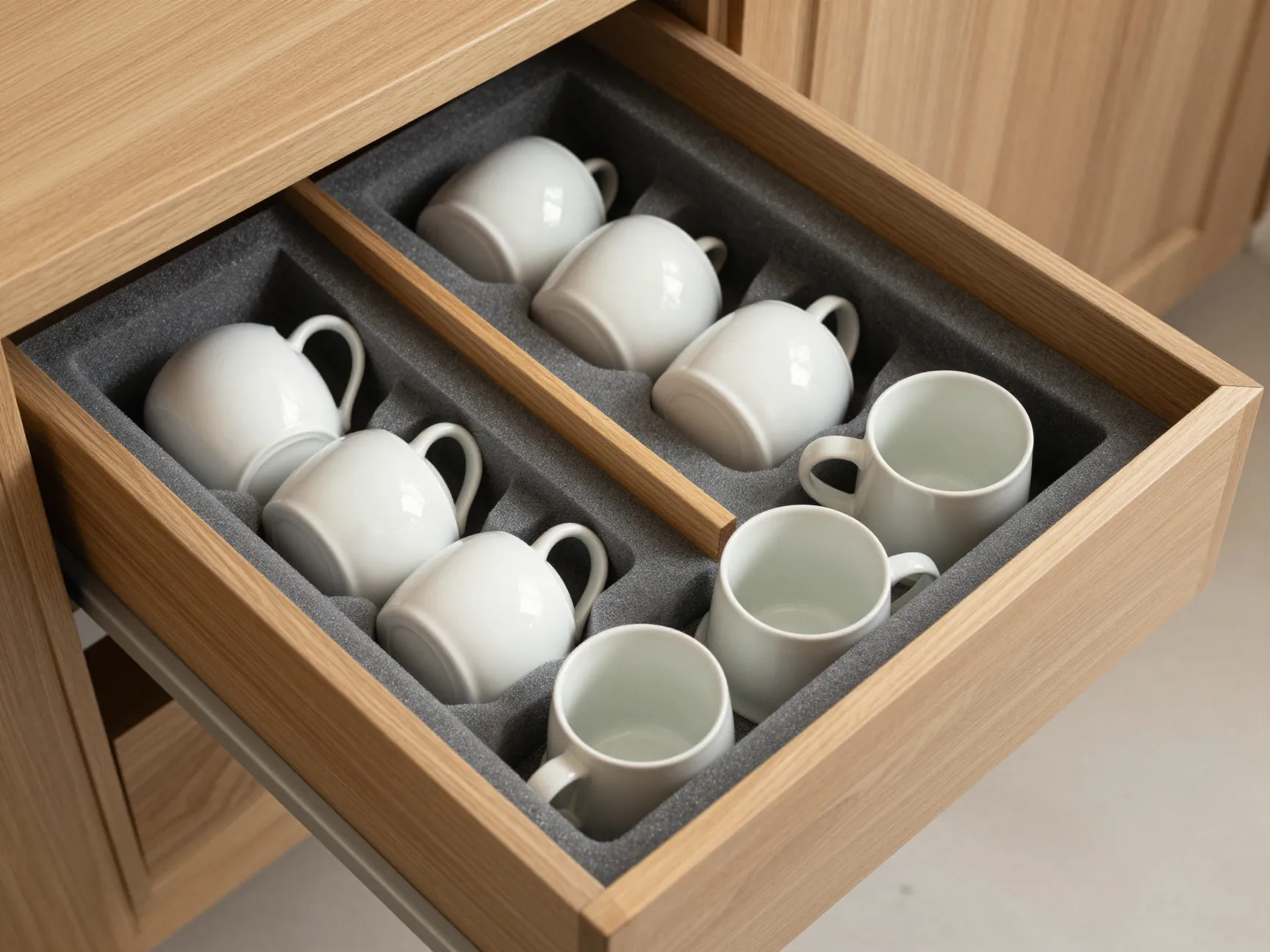 Deep drawer with foam liner and horizontally stored mugs