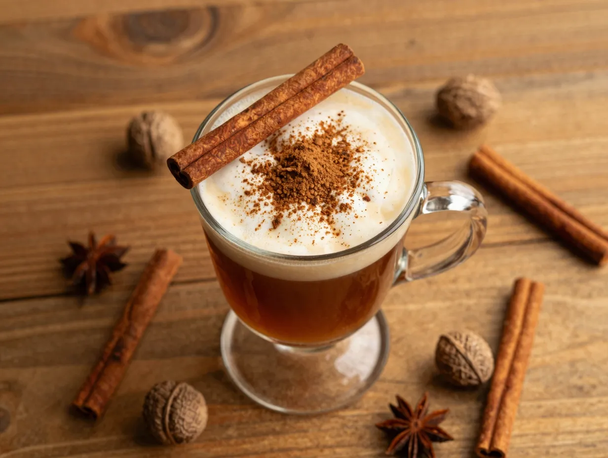 Spiced irish coffee with cinnamon stick and nutmeg dusting