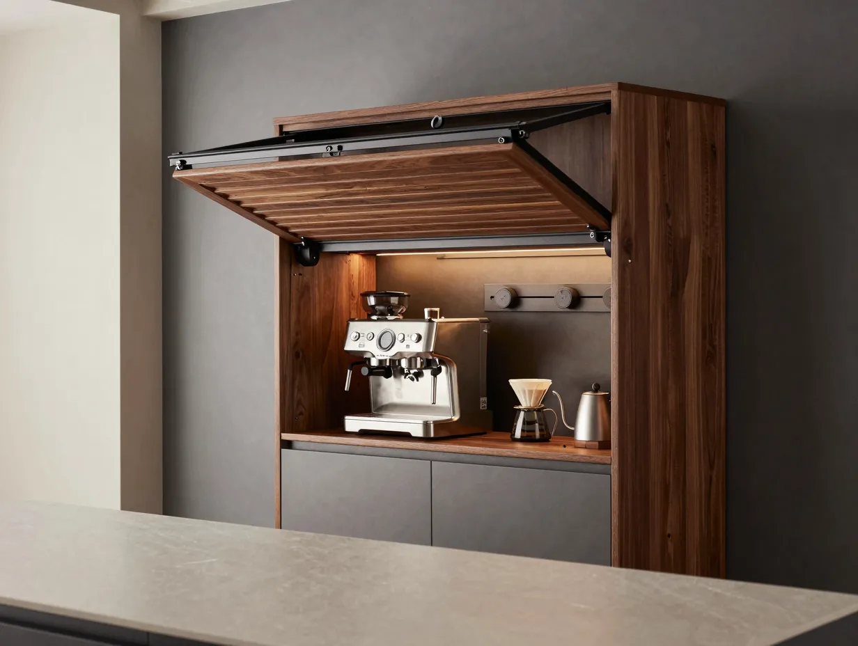 Corner appliance garage with roll up door and espresso machine