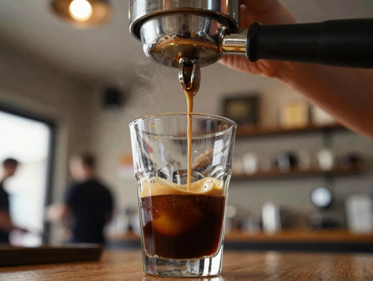 Dark espresso with crema poured into hot water americano
