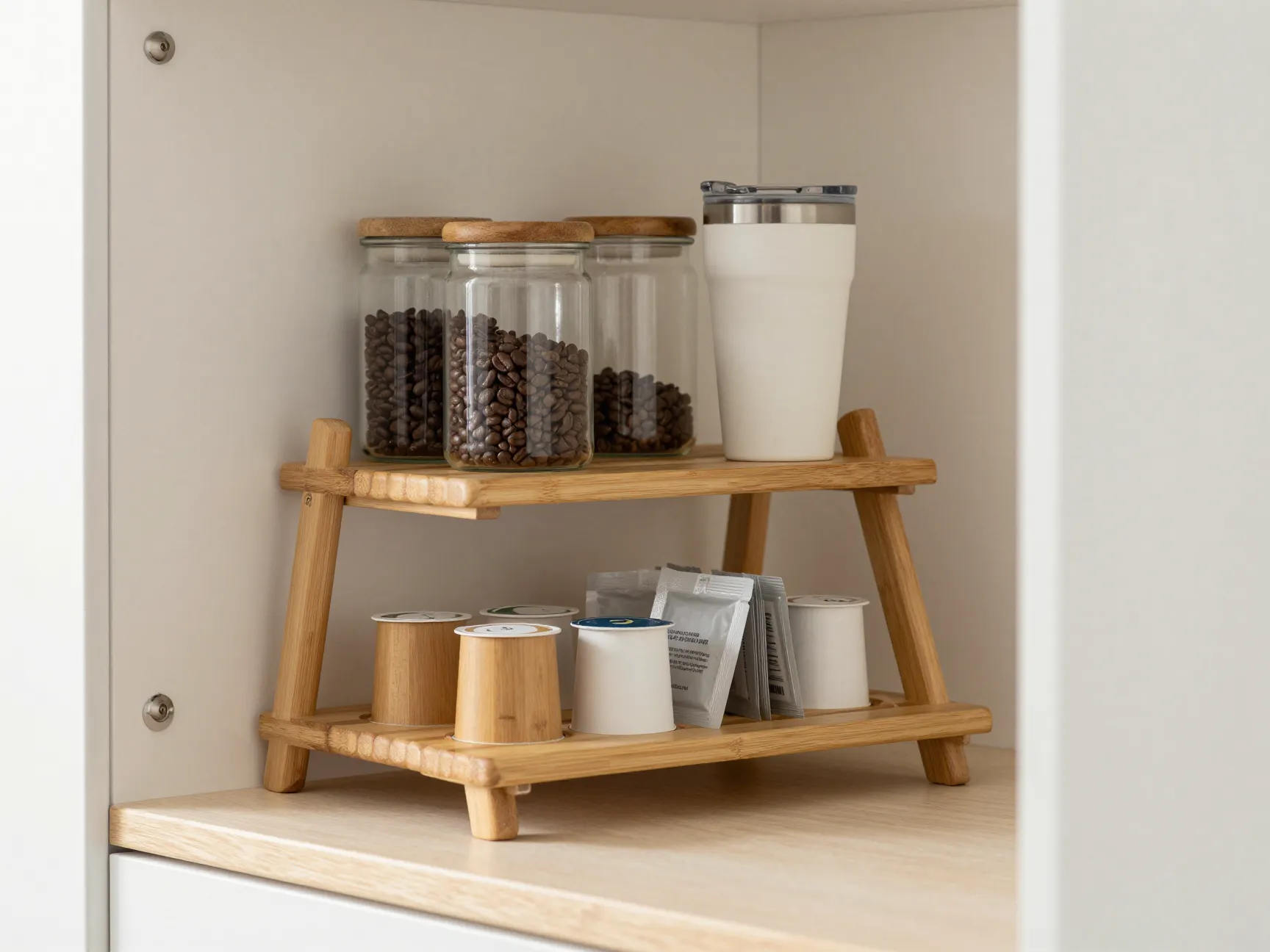 Bamboo tiered shelf riser with coffee pods and jars