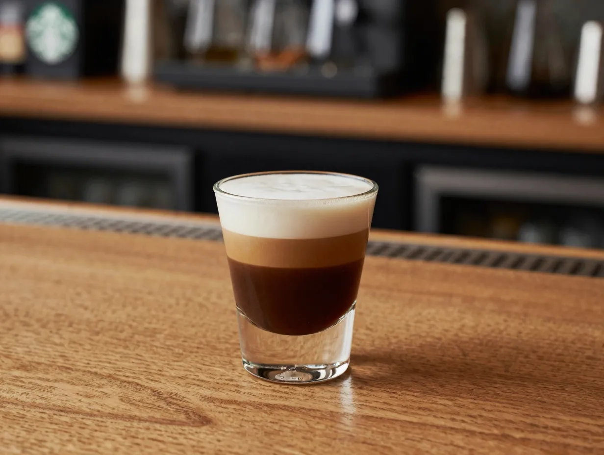 Equal parts espresso and warm milk in a small glass cortado