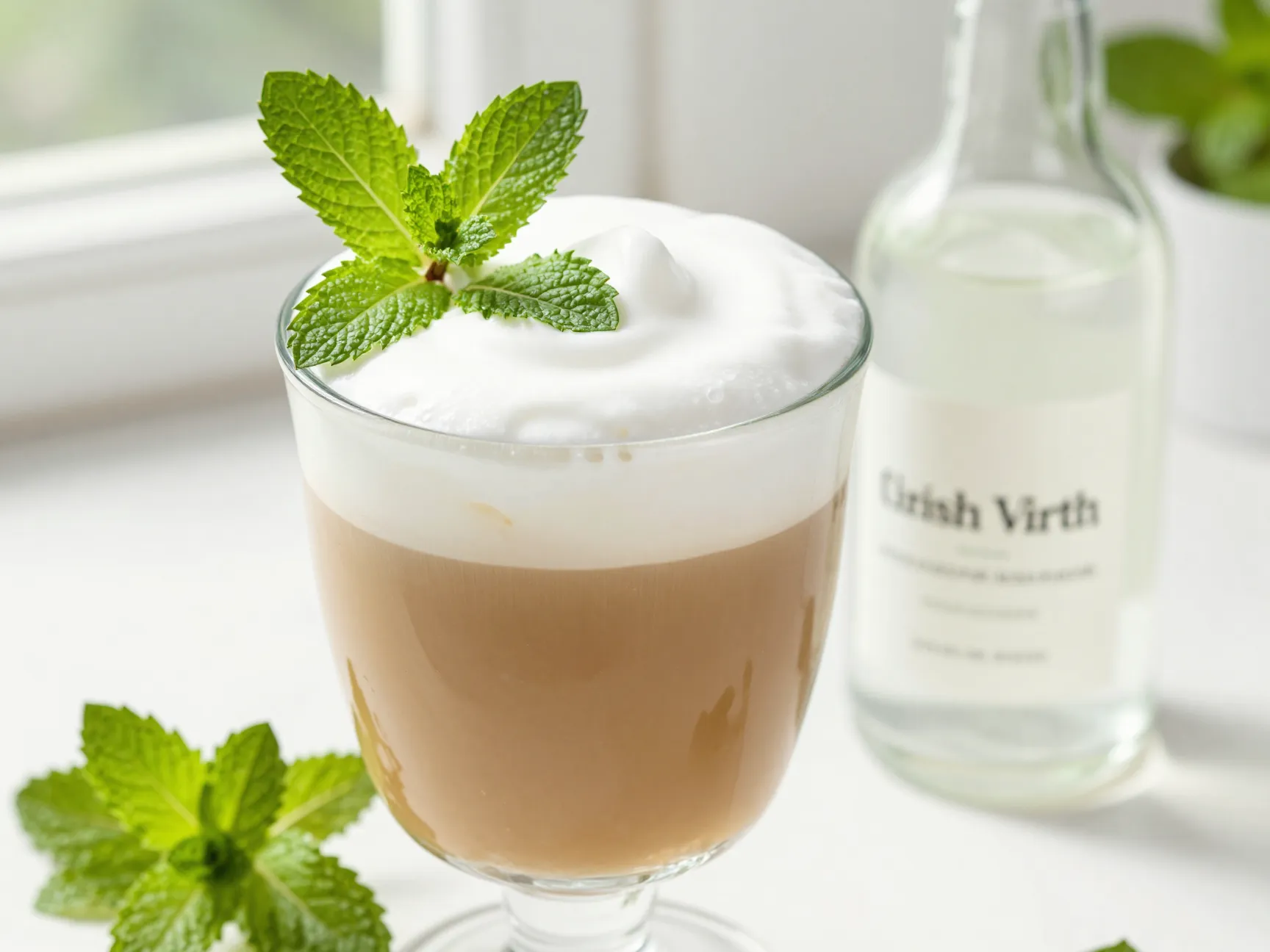 Mint irish coffee with fresh mint sprig and creme de menthe