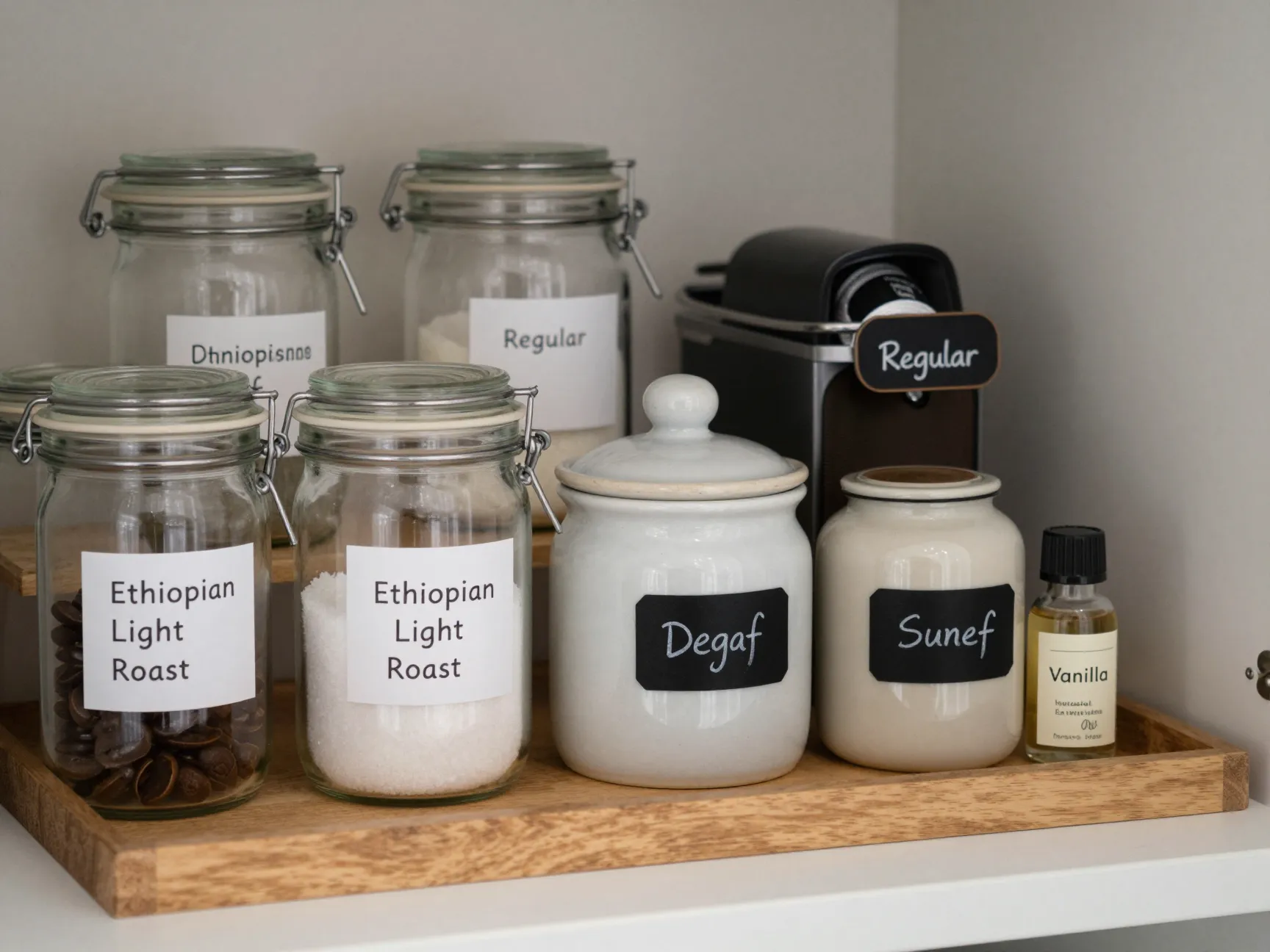 Glass jars with printed labels in organized coffee zone