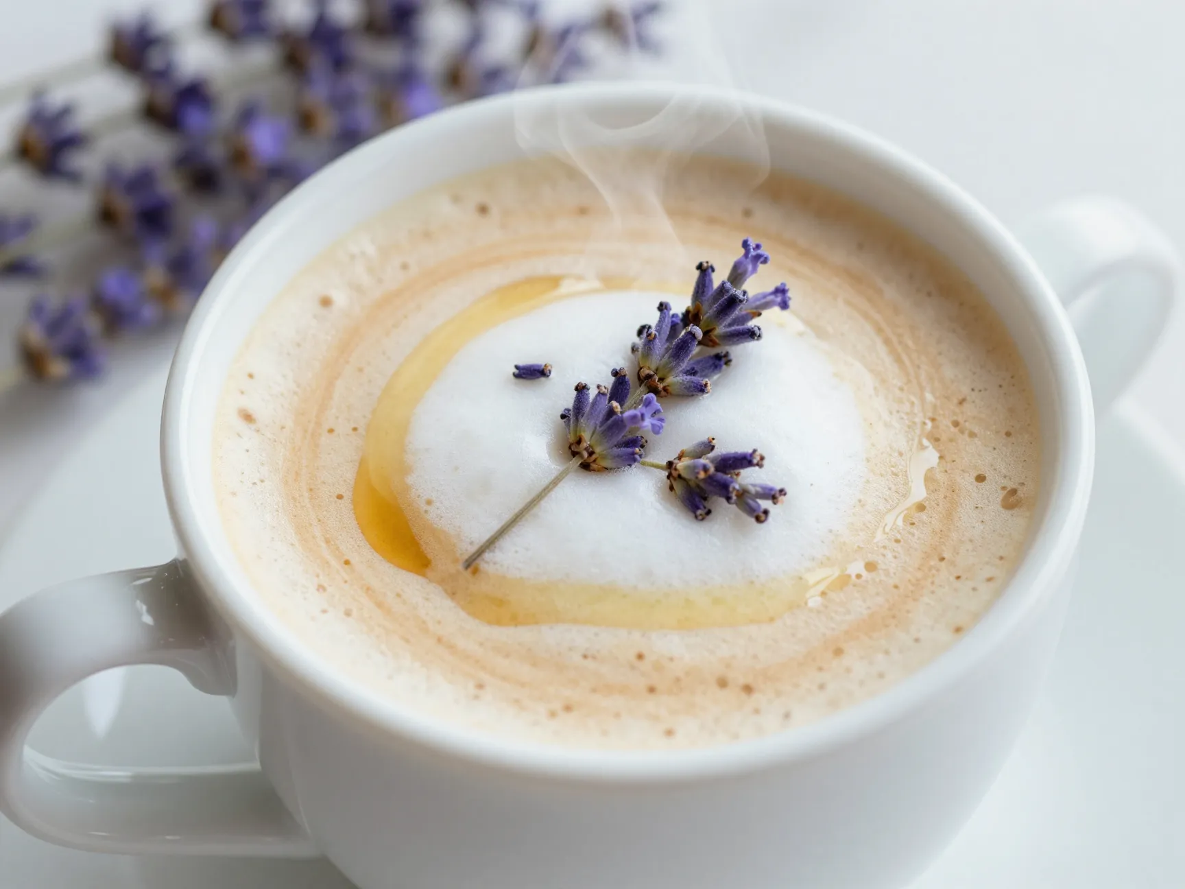 Lavender honey latte in a white ceramic mug