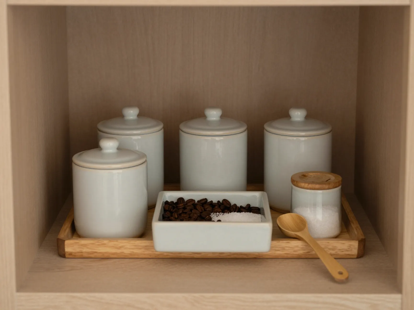 Matching ceramic canister set on tray in cabinet