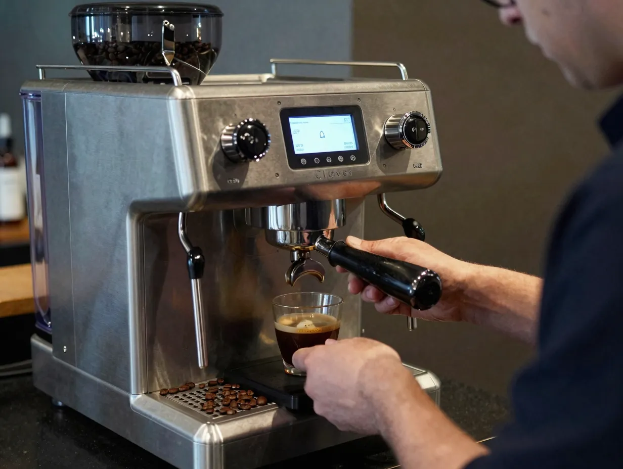 Single origin espresso brewing in a stainless steel clover machine