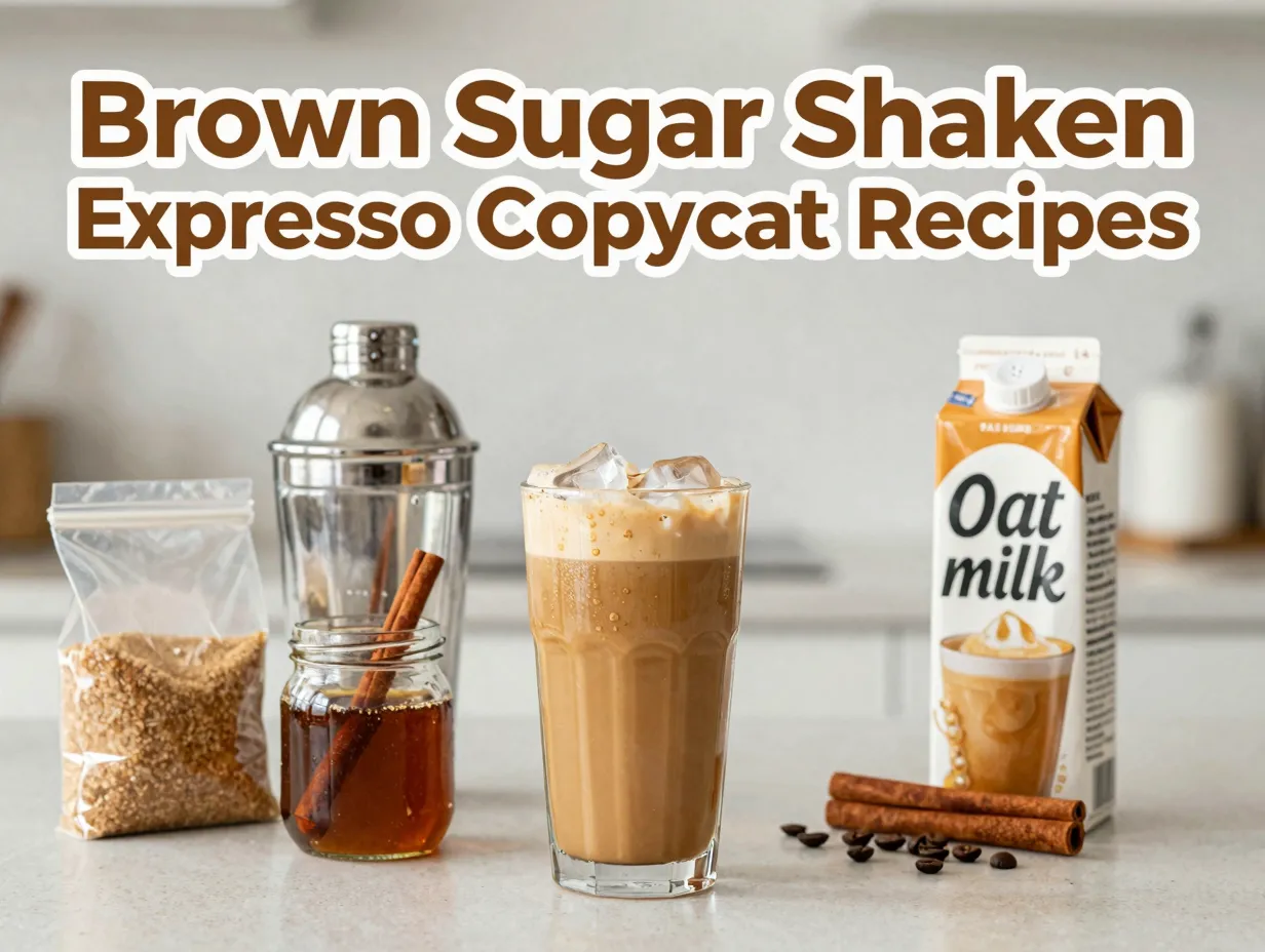 Brown sugar shaken espresso glass syrup shaker ingredients flat lay