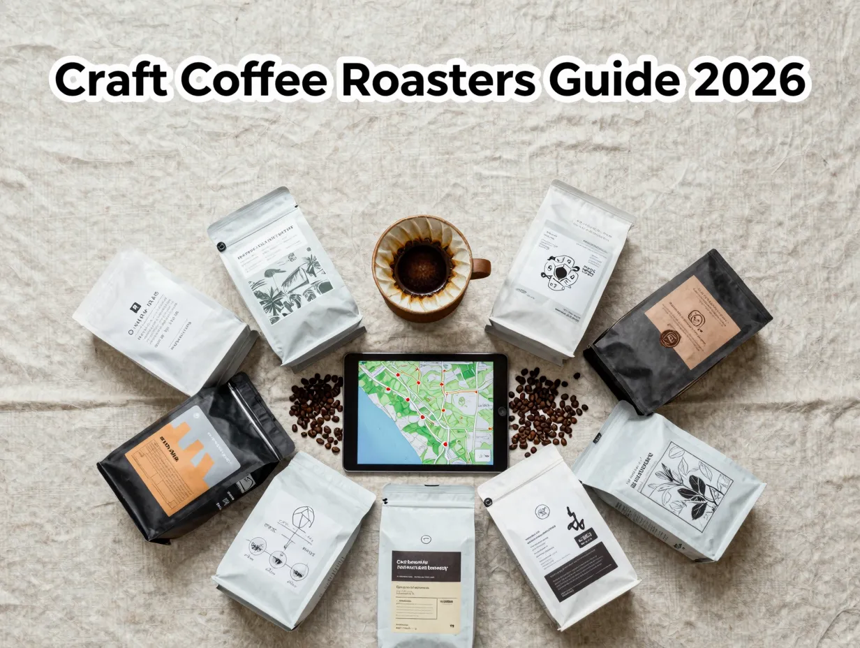 Eight artisan coffee bags circle pour over map tablet flat lay